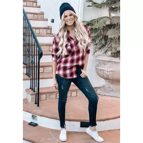 BTFBM Women Shacket Jacket Long Sleeve Button Down Casual Plaid Flannel Shirts Loose Fall Spring Blouses TopsPlaid Red