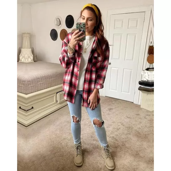 BTFBM Women Shacket Jacket Long Sleeve Button Down Casual Plaid Flannel Shirts Loose Fall Spring Blouses TopsPlaid Red
