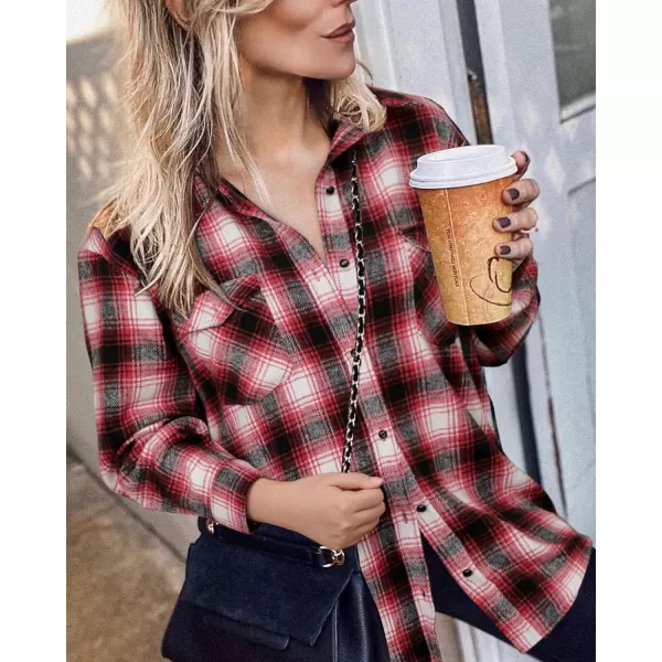 BTFBM Women Shacket Jacket Long Sleeve Button Down Casual Plaid Flannel Shirts Loose Fall Spring Blouses TopsPlaid Red