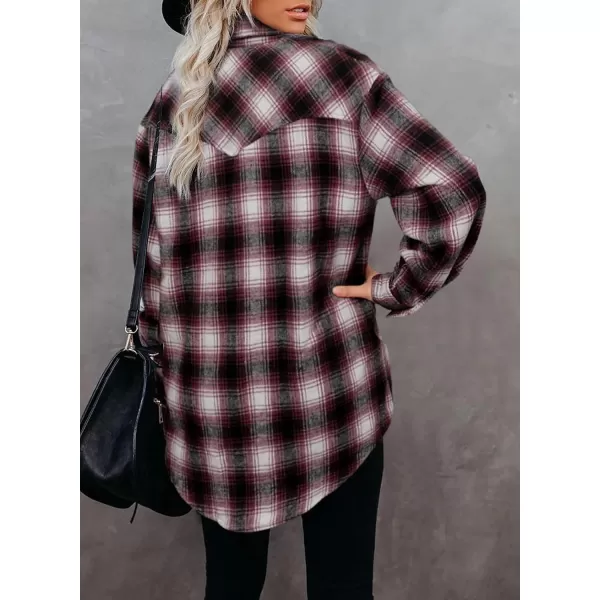 BTFBM Women Shacket Jacket Long Sleeve Button Down Casual Plaid Flannel Shirts Loose Fall Spring Blouses TopsPlaid Wine Red
