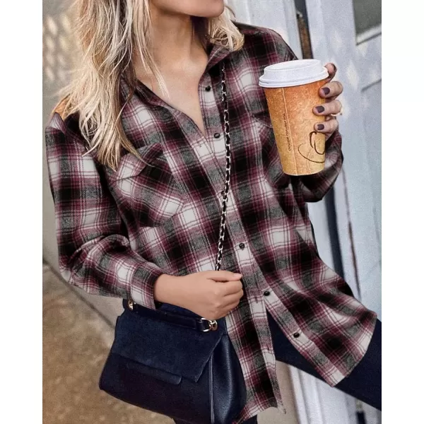 BTFBM Women Shacket Jacket Long Sleeve Button Down Casual Plaid Flannel Shirts Loose Fall Spring Blouses TopsPlaid Wine Red