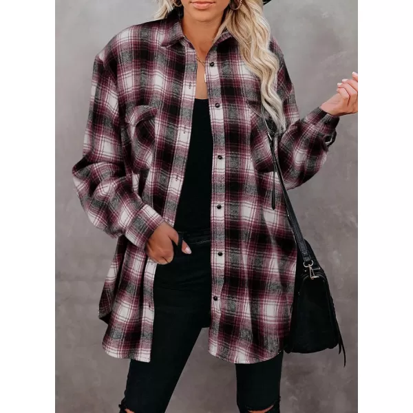 BTFBM Women Shacket Jacket Long Sleeve Button Down Casual Plaid Flannel Shirts Loose Fall Spring Blouses TopsPlaid Wine Red