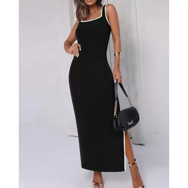 BTFBM Womens 2024 Summer Knit Bodycon Maxi Dress Sleeveless Square Neck Slit Tank Party Club Ribbed Sweater DressesSolid Black
