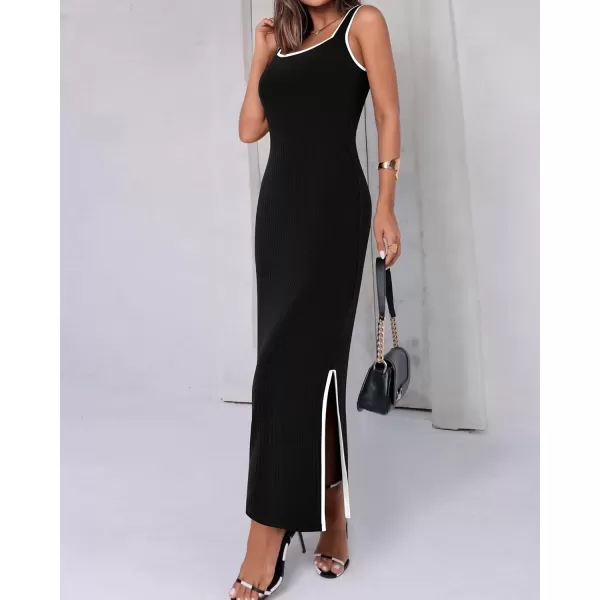 BTFBM Womens 2024 Summer Knit Bodycon Maxi Dress Sleeveless Square Neck Slit Tank Party Club Ribbed Sweater DressesSolid Black