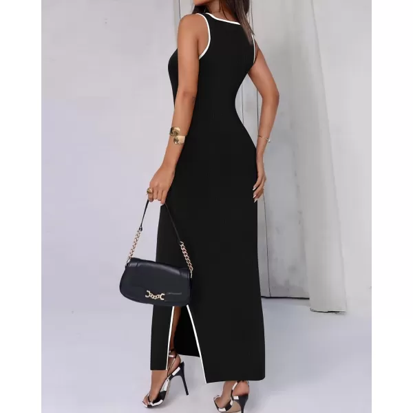 BTFBM Womens 2024 Summer Knit Bodycon Maxi Dress Sleeveless Square Neck Slit Tank Party Club Ribbed Sweater DressesSolid Black