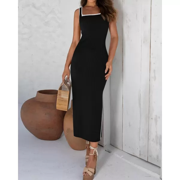 BTFBM Womens 2024 Summer Knit Bodycon Maxi Dress Sleeveless Square Neck Slit Tank Party Club Ribbed Sweater DressesSolid Black