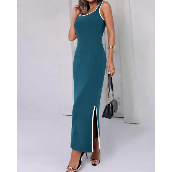 BTFBM Womens 2024 Summer Knit Bodycon Maxi Dress Sleeveless Square Neck Slit Tank Party Club Ribbed Sweater DressesSolid Dark Blue