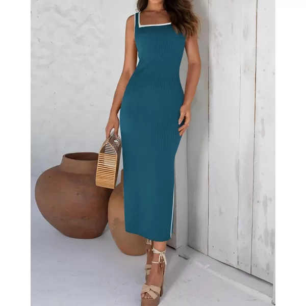 BTFBM Womens 2024 Summer Knit Bodycon Maxi Dress Sleeveless Square Neck Slit Tank Party Club Ribbed Sweater DressesSolid Dark Blue