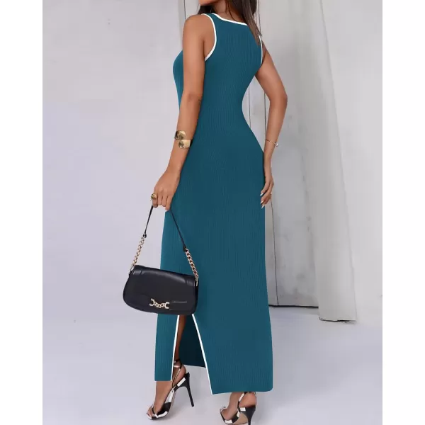 BTFBM Womens 2024 Summer Knit Bodycon Maxi Dress Sleeveless Square Neck Slit Tank Party Club Ribbed Sweater DressesSolid Dark Blue
