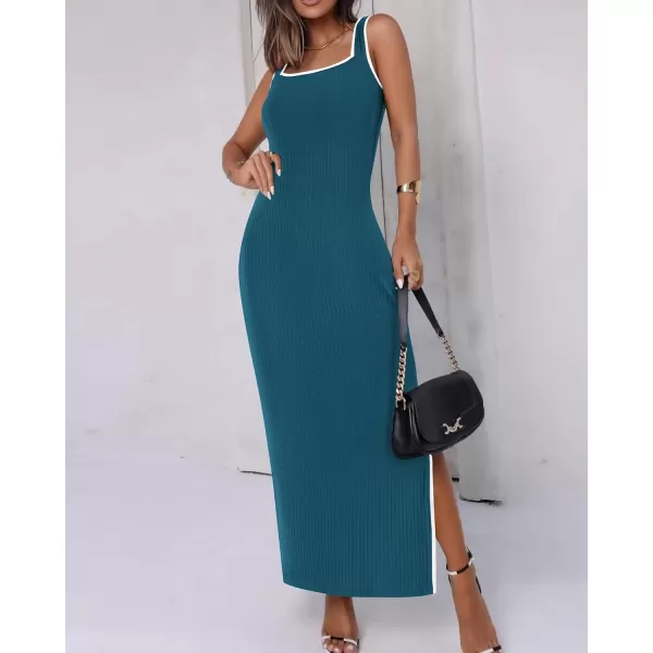 BTFBM Womens 2024 Summer Knit Bodycon Maxi Dress Sleeveless Square Neck Slit Tank Party Club Ribbed Sweater DressesSolid Dark Blue