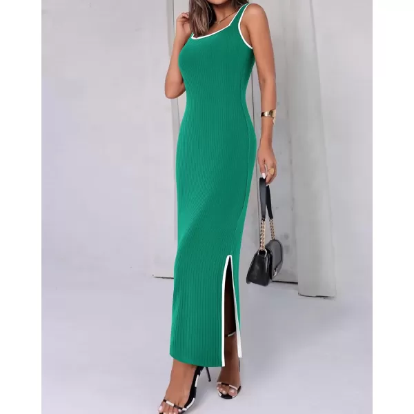 BTFBM Womens 2024 Summer Knit Bodycon Maxi Dress Sleeveless Square Neck Slit Tank Party Club Ribbed Sweater DressesSolid Green
