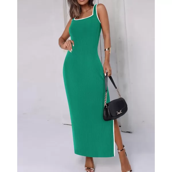 BTFBM Womens 2024 Summer Knit Bodycon Maxi Dress Sleeveless Square Neck Slit Tank Party Club Ribbed Sweater DressesSolid Green