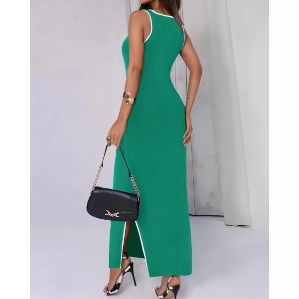 BTFBM Womens 2024 Summer Knit Bodycon Maxi Dress Sleeveless Square Neck Slit Tank Party Club Ribbed Sweater DressesSolid Green