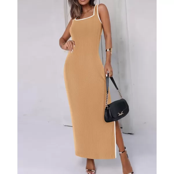 BTFBM Womens 2024 Summer Knit Bodycon Maxi Dress Sleeveless Square Neck Slit Tank Party Club Ribbed Sweater DressesSolid Khaki