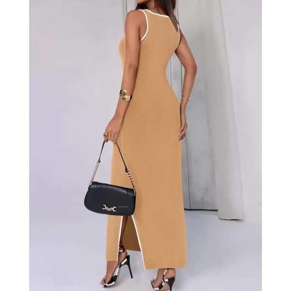 BTFBM Womens 2024 Summer Knit Bodycon Maxi Dress Sleeveless Square Neck Slit Tank Party Club Ribbed Sweater DressesSolid Khaki