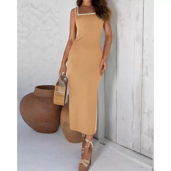 BTFBM Womens 2024 Summer Knit Bodycon Maxi Dress Sleeveless Square Neck Slit Tank Party Club Ribbed Sweater DressesSolid Khaki