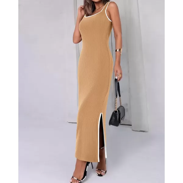 BTFBM Womens 2024 Summer Knit Bodycon Maxi Dress Sleeveless Square Neck Slit Tank Party Club Ribbed Sweater DressesSolid Khaki
