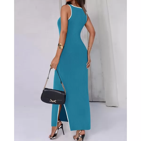 BTFBM Womens 2024 Summer Knit Bodycon Maxi Dress Sleeveless Square Neck Slit Tank Party Club Ribbed Sweater DressesSolid Lake Blue