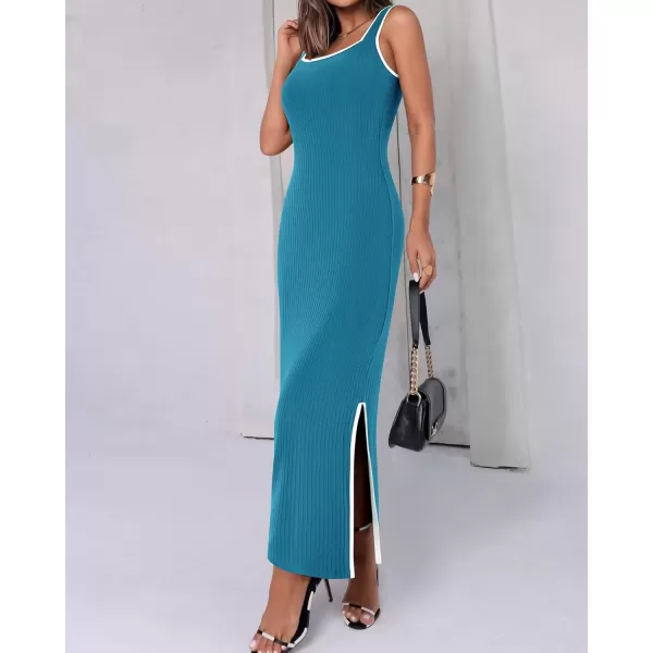 BTFBM Womens 2024 Summer Knit Bodycon Maxi Dress Sleeveless Square Neck Slit Tank Party Club Ribbed Sweater DressesSolid Lake Blue