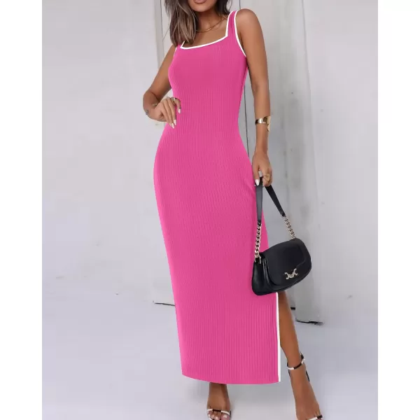 BTFBM Womens 2024 Summer Knit Bodycon Maxi Dress Sleeveless Square Neck Slit Tank Party Club Ribbed Sweater DressesSolid Rose Red