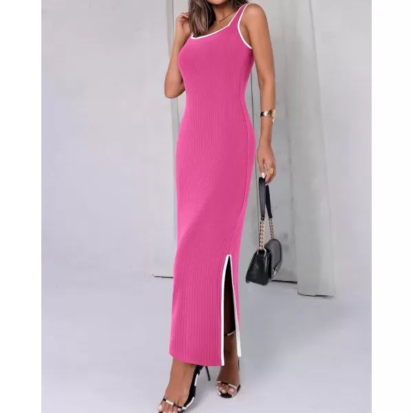 BTFBM Womens 2024 Summer Knit Bodycon Maxi Dress Sleeveless Square Neck Slit Tank Party Club Ribbed Sweater DressesSolid Rose Red