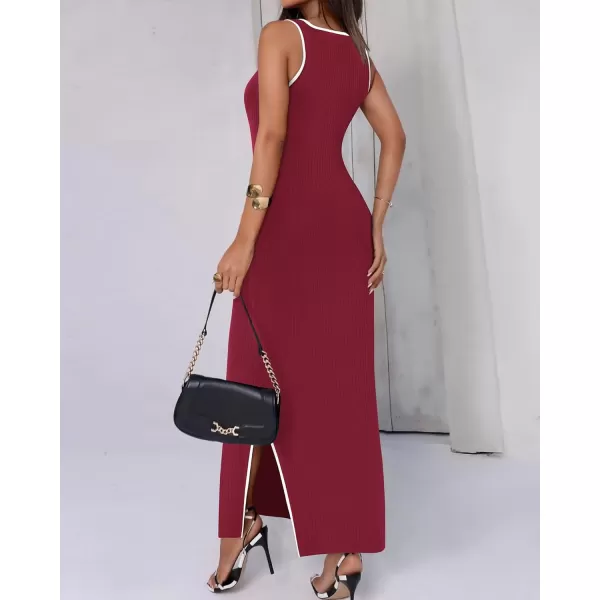 BTFBM Womens 2024 Summer Knit Bodycon Maxi Dress Sleeveless Square Neck Slit Tank Party Club Ribbed Sweater DressesSolid Wine Red