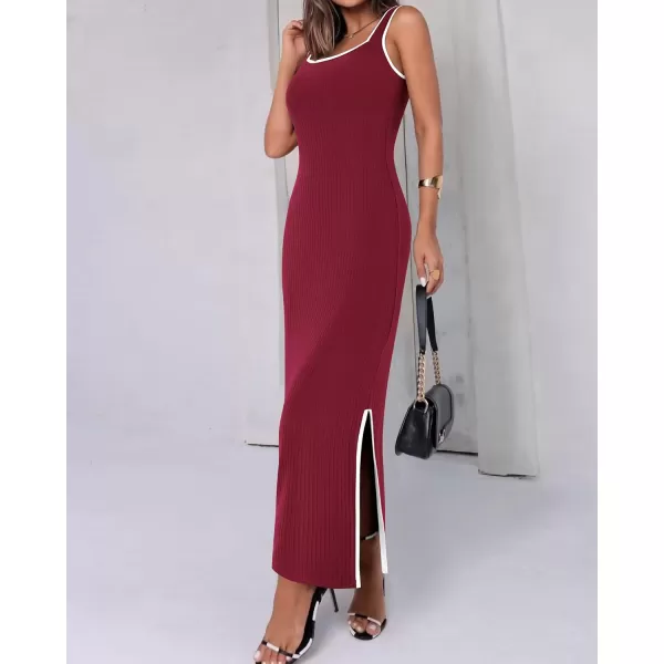 BTFBM Womens 2024 Summer Knit Bodycon Maxi Dress Sleeveless Square Neck Slit Tank Party Club Ribbed Sweater DressesSolid Wine Red