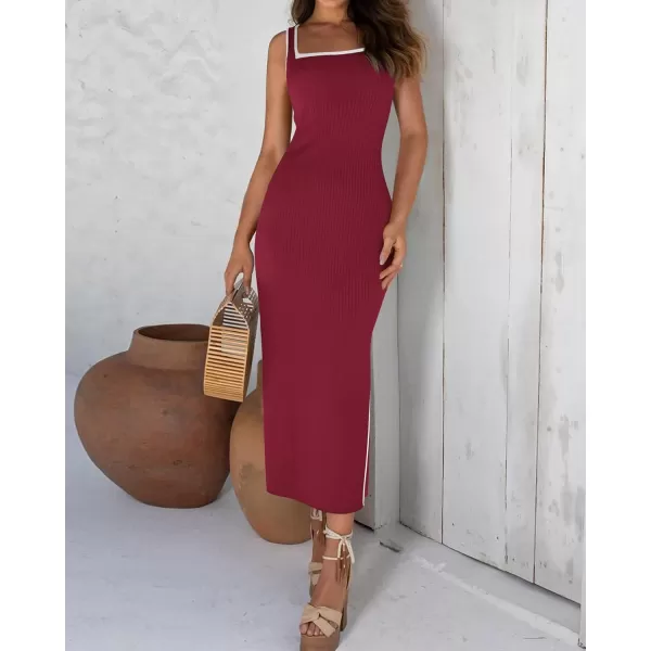 BTFBM Womens 2024 Summer Knit Bodycon Maxi Dress Sleeveless Square Neck Slit Tank Party Club Ribbed Sweater DressesSolid Wine Red