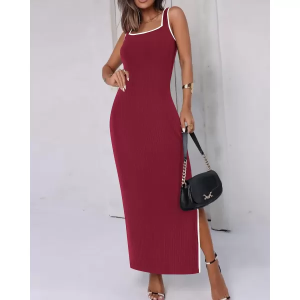 BTFBM Womens 2024 Summer Knit Bodycon Maxi Dress Sleeveless Square Neck Slit Tank Party Club Ribbed Sweater DressesSolid Wine Red
