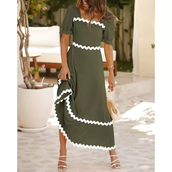 BTFBM Womens 2024 Summer Square Neck Short Puff Sleeve Dress Casual RIC Rac Tie Back Smocked A Line Flowy Maxi DressesSolid Army Green