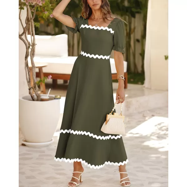 BTFBM Womens 2024 Summer Square Neck Short Puff Sleeve Dress Casual RIC Rac Tie Back Smocked A Line Flowy Maxi DressesSolid Army Green