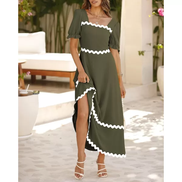 BTFBM Womens 2024 Summer Square Neck Short Puff Sleeve Dress Casual RIC Rac Tie Back Smocked A Line Flowy Maxi DressesSolid Army Green