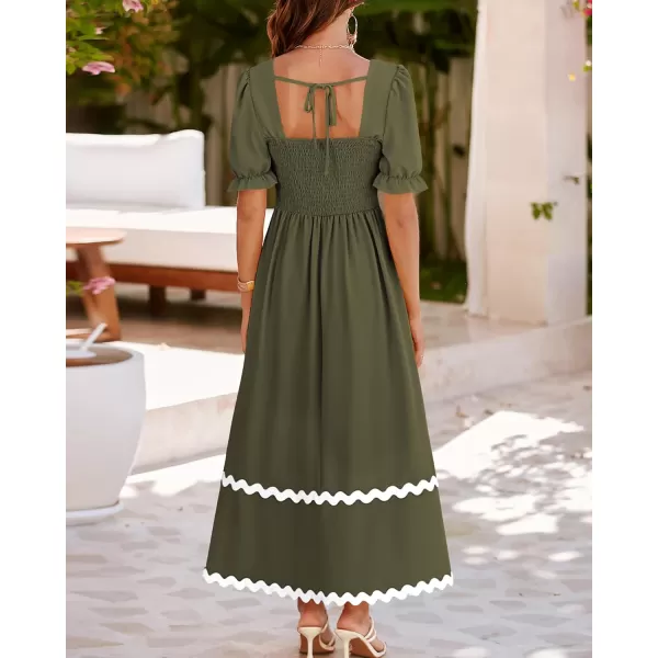 BTFBM Womens 2024 Summer Square Neck Short Puff Sleeve Dress Casual RIC Rac Tie Back Smocked A Line Flowy Maxi DressesSolid Army Green