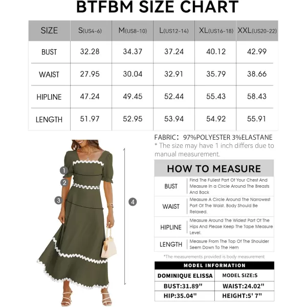 BTFBM Womens 2024 Summer Square Neck Short Puff Sleeve Dress Casual RIC Rac Tie Back Smocked A Line Flowy Maxi DressesSolid Army Green