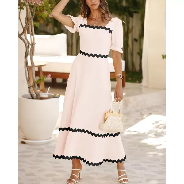 BTFBM Womens 2024 Summer Square Neck Short Puff Sleeve Dress Casual RIC Rac Tie Back Smocked A Line Flowy Maxi DressesSolid Beige