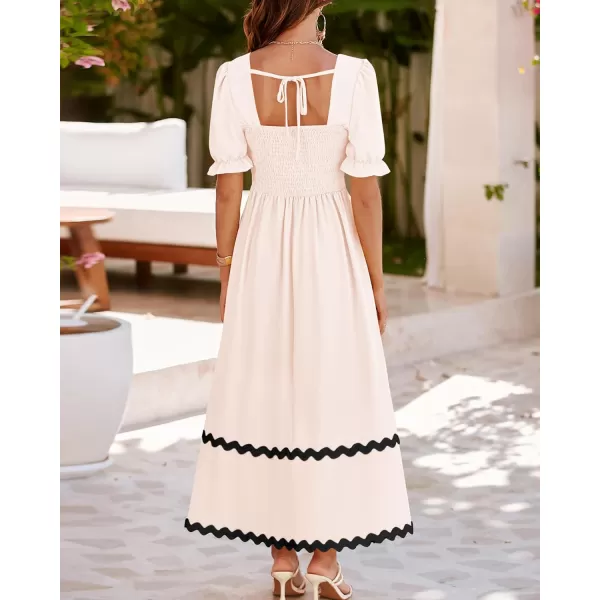 BTFBM Womens 2024 Summer Square Neck Short Puff Sleeve Dress Casual RIC Rac Tie Back Smocked A Line Flowy Maxi DressesSolid Beige