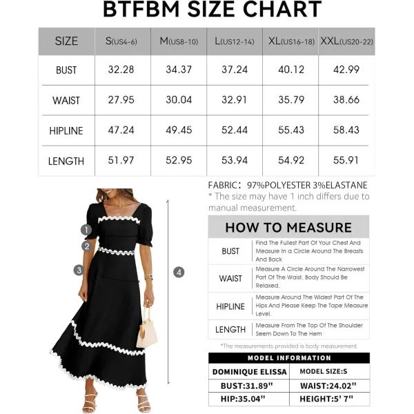 BTFBM Womens 2024 Summer Square Neck Short Puff Sleeve Dress Casual RIC Rac Tie Back Smocked A Line Flowy Maxi DressesSolid Black