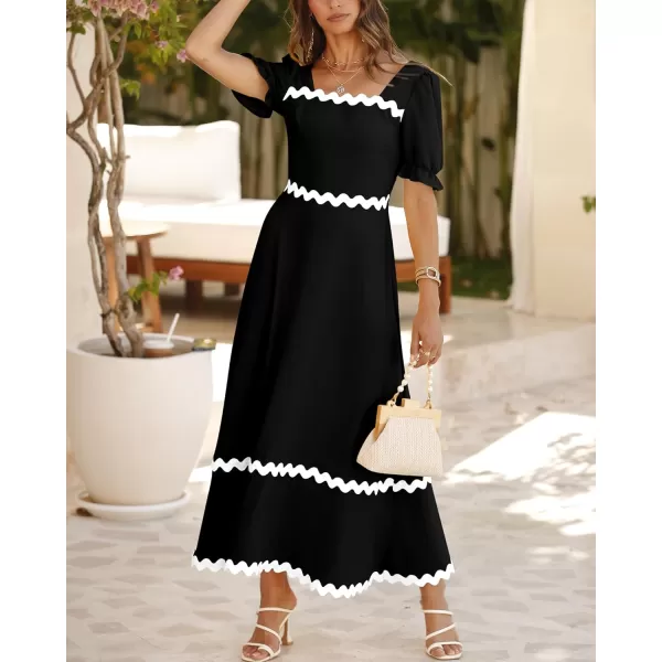 BTFBM Womens 2024 Summer Square Neck Short Puff Sleeve Dress Casual RIC Rac Tie Back Smocked A Line Flowy Maxi DressesSolid Black