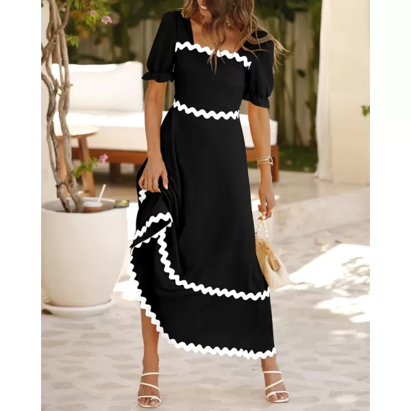 BTFBM Womens 2024 Summer Square Neck Short Puff Sleeve Dress Casual RIC Rac Tie Back Smocked A Line Flowy Maxi DressesSolid Black