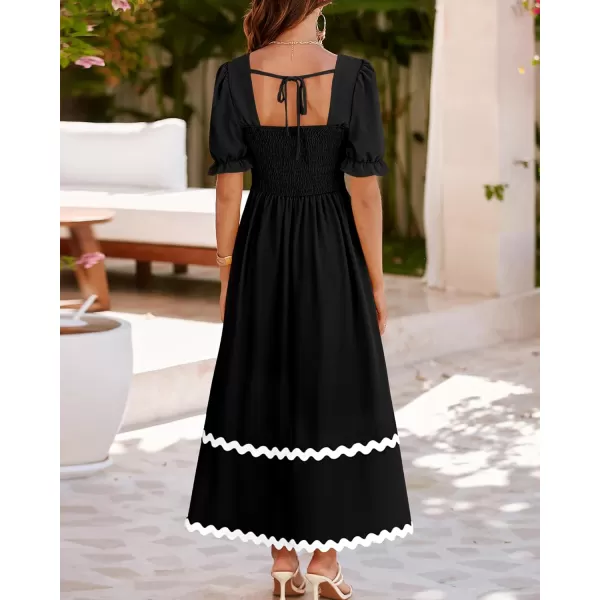 BTFBM Womens 2024 Summer Square Neck Short Puff Sleeve Dress Casual RIC Rac Tie Back Smocked A Line Flowy Maxi DressesSolid Black