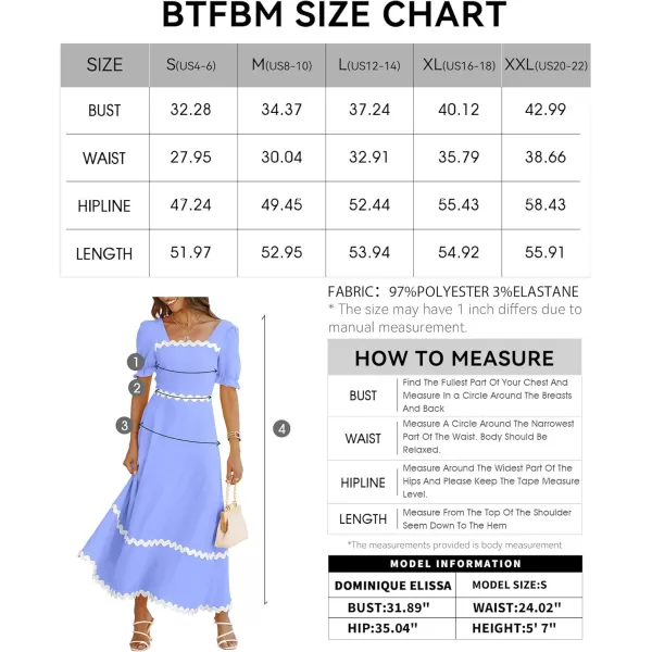 BTFBM Womens 2024 Summer Square Neck Short Puff Sleeve Dress Casual RIC Rac Tie Back Smocked A Line Flowy Maxi DressesSolid Blue
