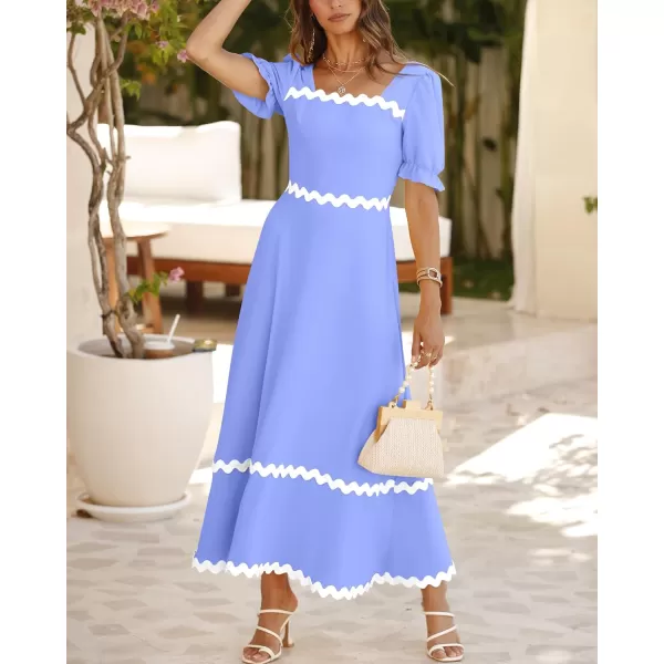BTFBM Womens 2024 Summer Square Neck Short Puff Sleeve Dress Casual RIC Rac Tie Back Smocked A Line Flowy Maxi DressesSolid Blue