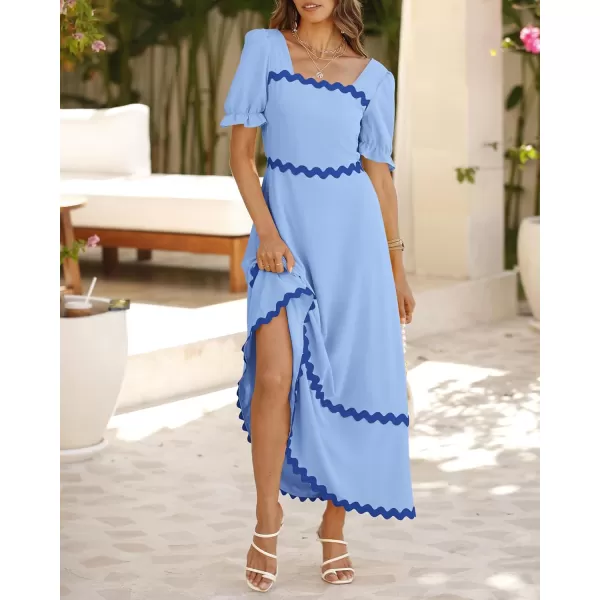 BTFBM Womens 2024 Summer Square Neck Short Puff Sleeve Dress Casual RIC Rac Tie Back Smocked A Line Flowy Maxi DressesSolid Blue Dark Blue