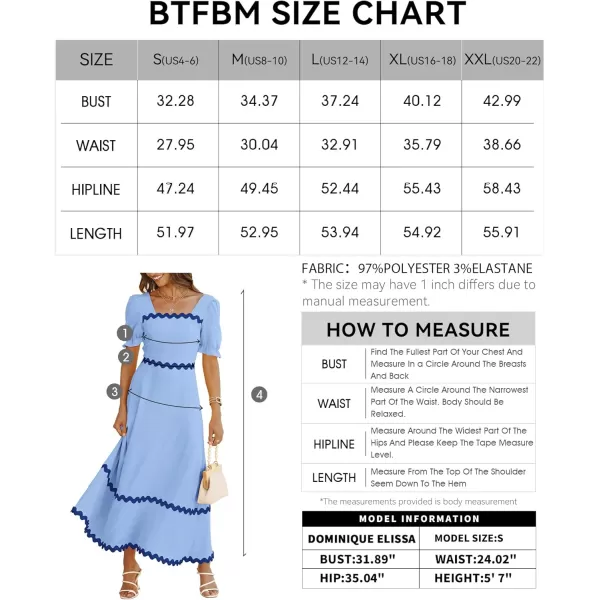 BTFBM Womens 2024 Summer Square Neck Short Puff Sleeve Dress Casual RIC Rac Tie Back Smocked A Line Flowy Maxi DressesSolid Blue Dark Blue