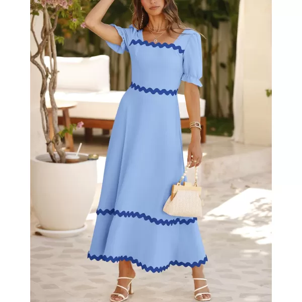 BTFBM Womens 2024 Summer Square Neck Short Puff Sleeve Dress Casual RIC Rac Tie Back Smocked A Line Flowy Maxi DressesSolid Blue Dark Blue