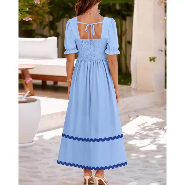 BTFBM Womens 2024 Summer Square Neck Short Puff Sleeve Dress Casual RIC Rac Tie Back Smocked A Line Flowy Maxi DressesSolid Blue Dark Blue