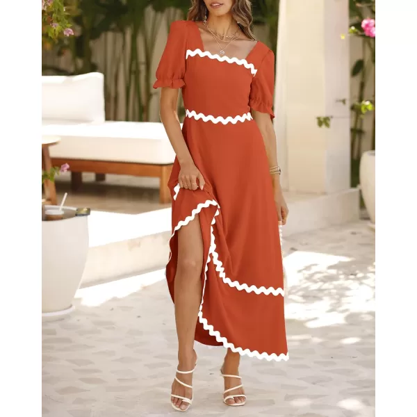 BTFBM Womens 2024 Summer Square Neck Short Puff Sleeve Dress Casual RIC Rac Tie Back Smocked A Line Flowy Maxi DressesSolid Brick Red