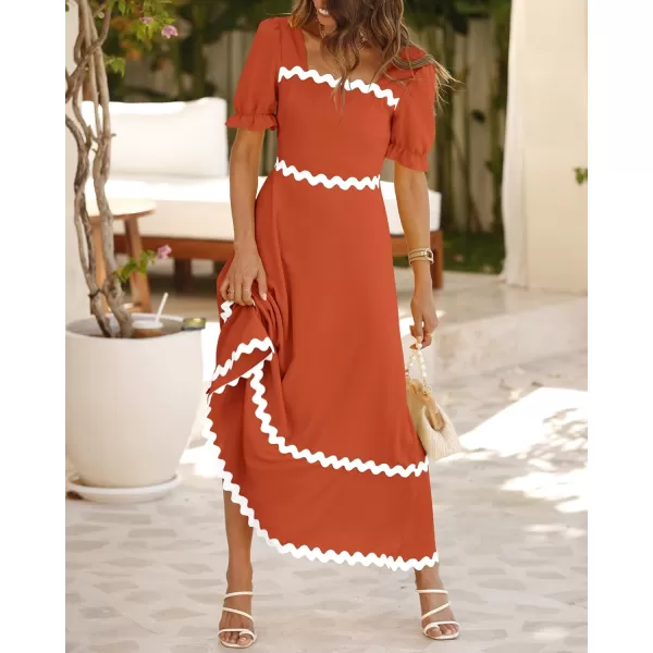 BTFBM Womens 2024 Summer Square Neck Short Puff Sleeve Dress Casual RIC Rac Tie Back Smocked A Line Flowy Maxi DressesSolid Brick Red