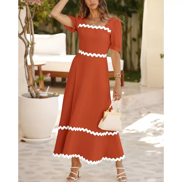 BTFBM Womens 2024 Summer Square Neck Short Puff Sleeve Dress Casual RIC Rac Tie Back Smocked A Line Flowy Maxi DressesSolid Brick Red