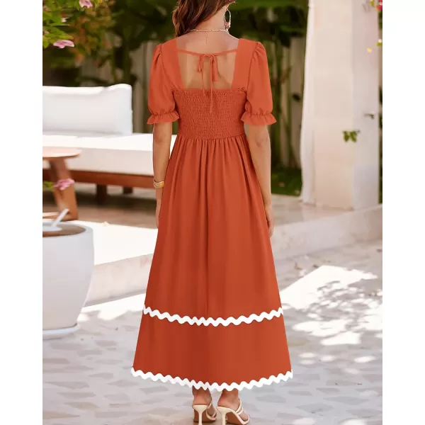 BTFBM Womens 2024 Summer Square Neck Short Puff Sleeve Dress Casual RIC Rac Tie Back Smocked A Line Flowy Maxi DressesSolid Brick Red